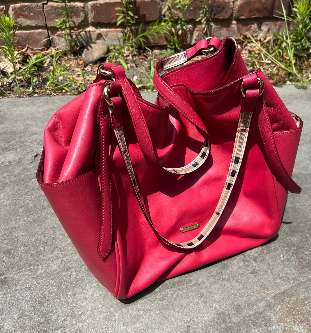 Vtg BURBERRY Red Leather Nova Check Strap Tote Bag Slouchy Hobo Shoulder Handbag